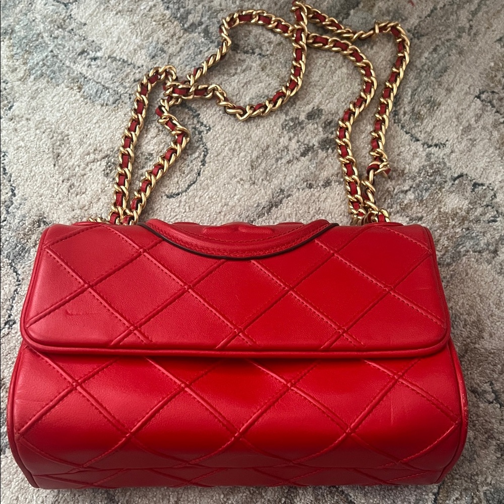 Flash Sale!!!Tory Burch Red Quilted Shoulder Bag with Gold Chain